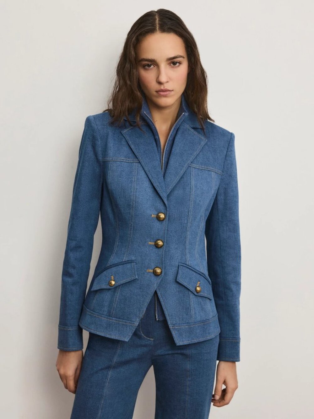 Veronica Beard Ricky Blue Denim Fitted Blazer with Gold Buttons